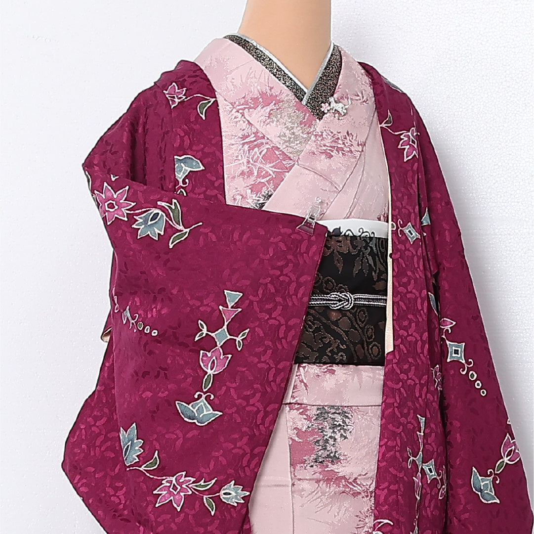 羽織 袷 身丈81cm 裄丈63cm 正絹 Aランク カジュアル Sサイズ 花柄 ピンク系 HP 1232-12815