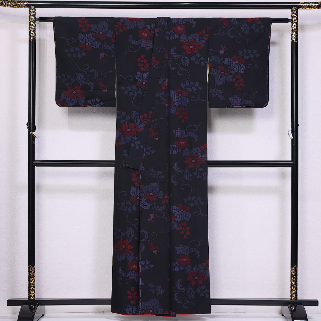 紬 身丈158cm 裄丈64.5cm M 正絹 Aランク 袷 バチ衿 紬 桐 唐草 1216-11002