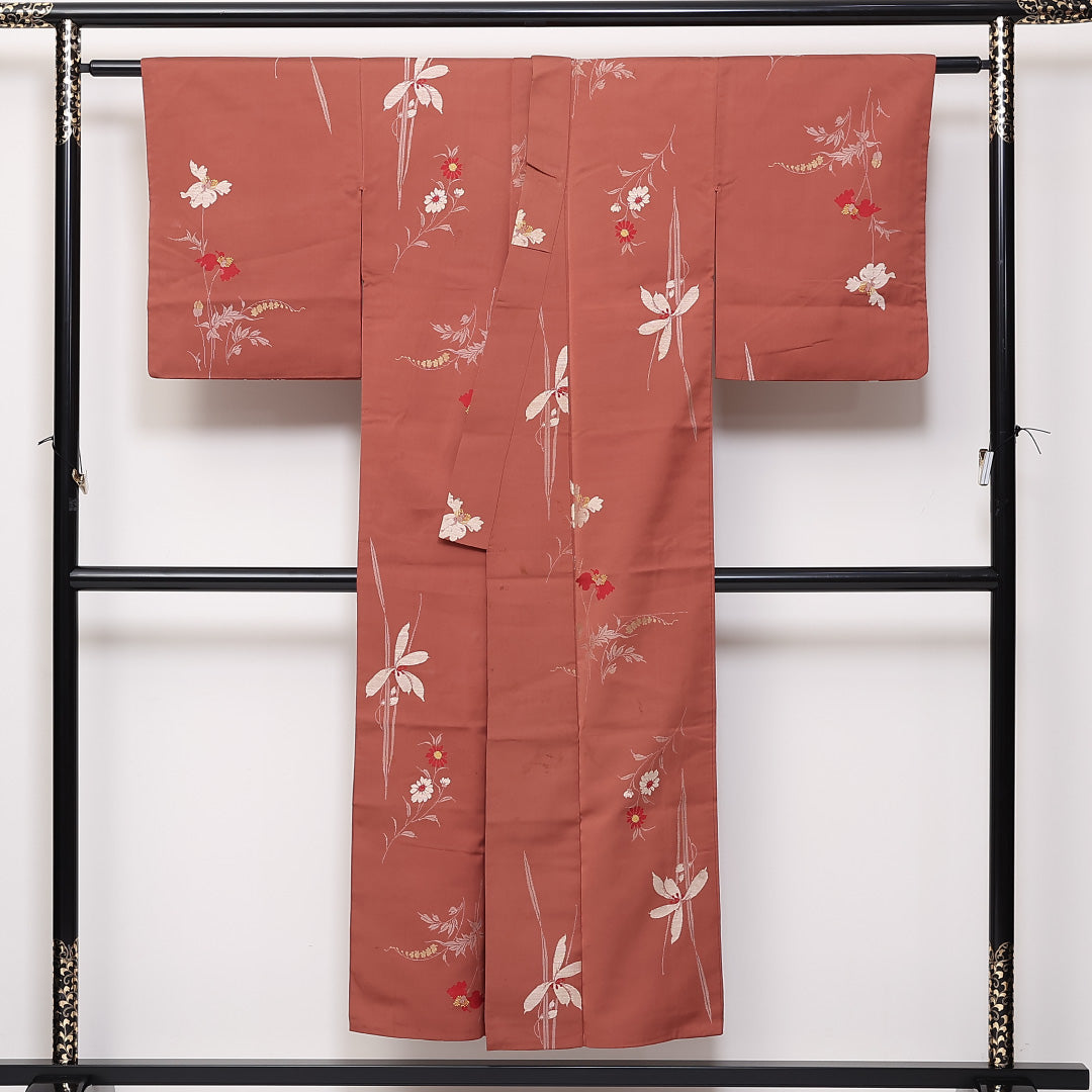 アンティーク 袷 身丈145cm 裄63cm 正絹 お召 草花 茶系 Cランク 1216-01356