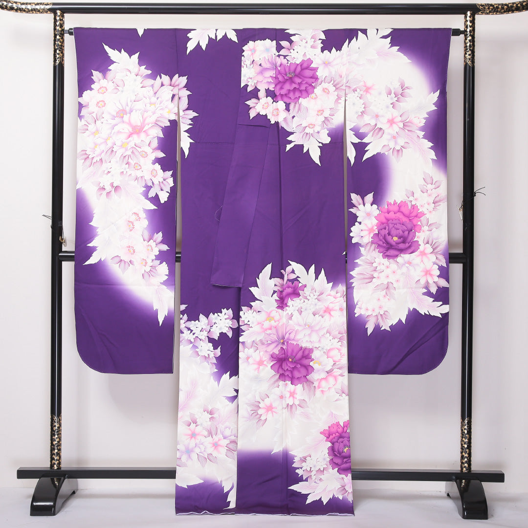 振袖 身丈171cm 裄丈68cm Bランク 袷 正絹 広衿 銀彩 牡丹 桜 1213-F0060
