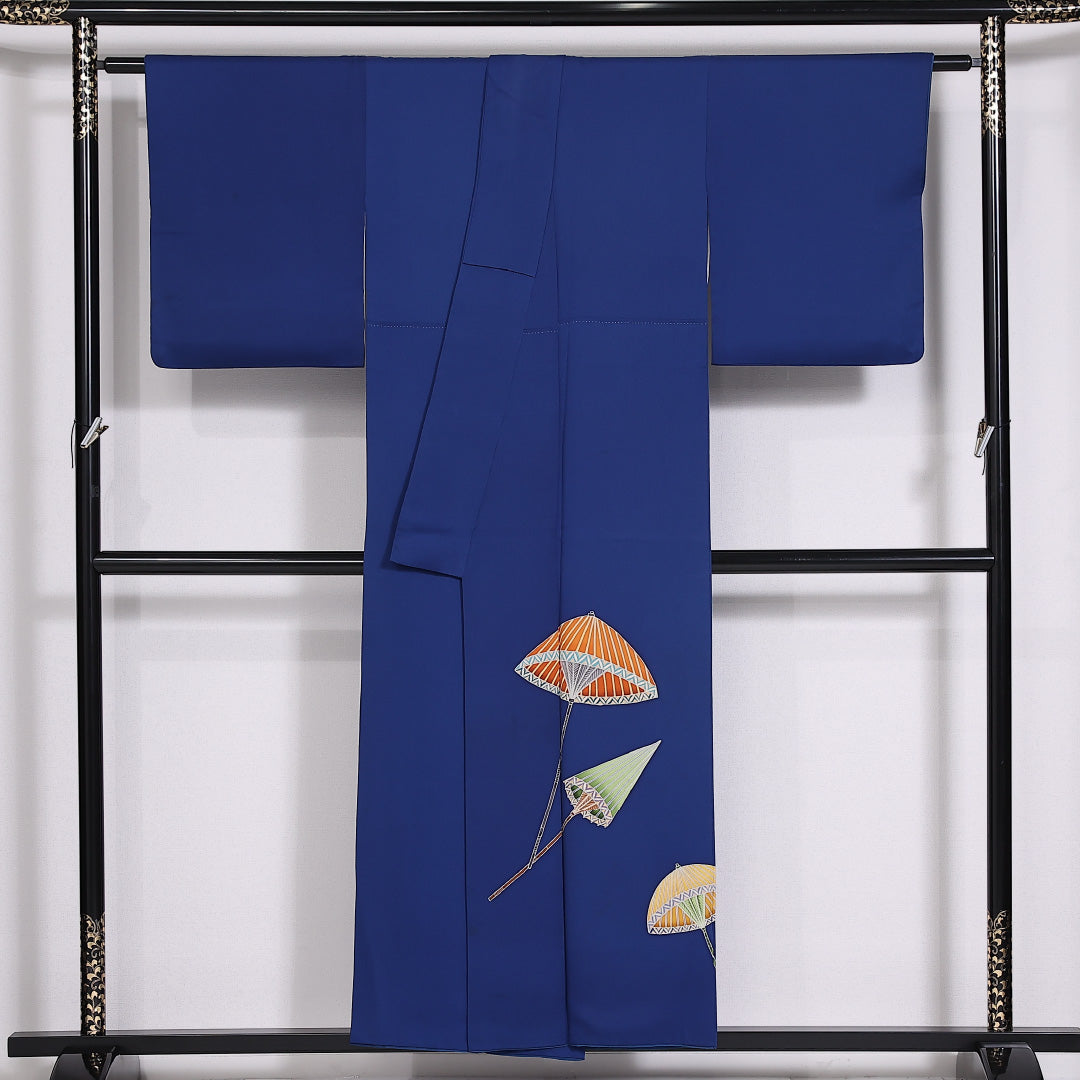 色留袖 一つ紋 身丈152cm 裄丈64cm Aランク 正絹 袷 広衿 S 丸に四つ目菱 傘 セミフォーマル 青系 1211-F0283