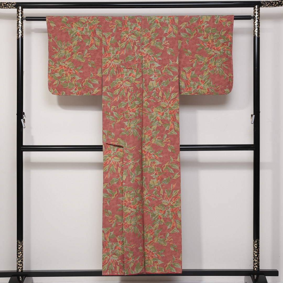 小紋 袷 身丈152cm 裄丈63cm 正絹 Aランク インフォーマル 広衿 Sサイズ 植物柄 ピンク系 HP 1221-01663