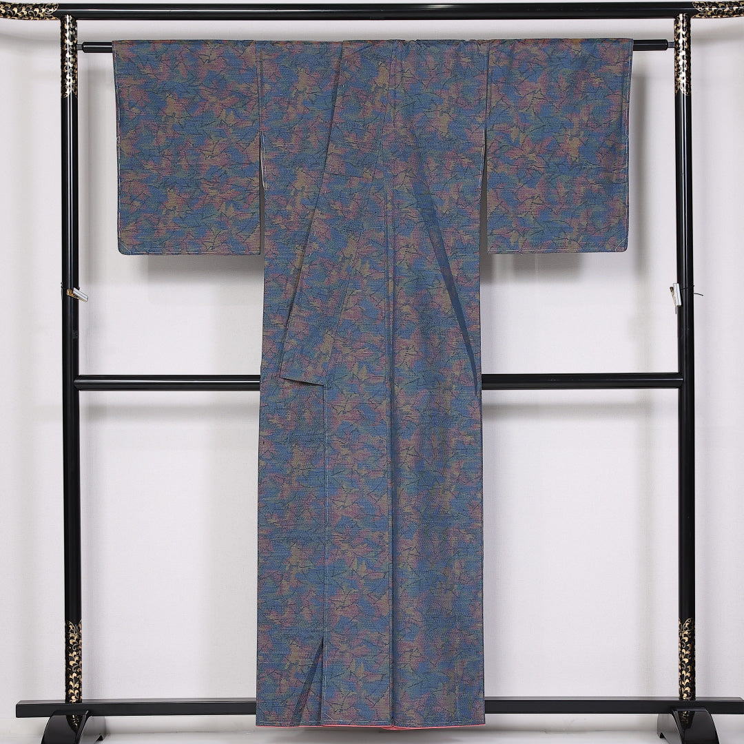 村山大島紬 袷 身丈156cm 裄丈64cm 正絹 Sランク インフォーマル 広衿 Mサイズ しつけ糸 楓 紅葉 青系 RP 1223-03894