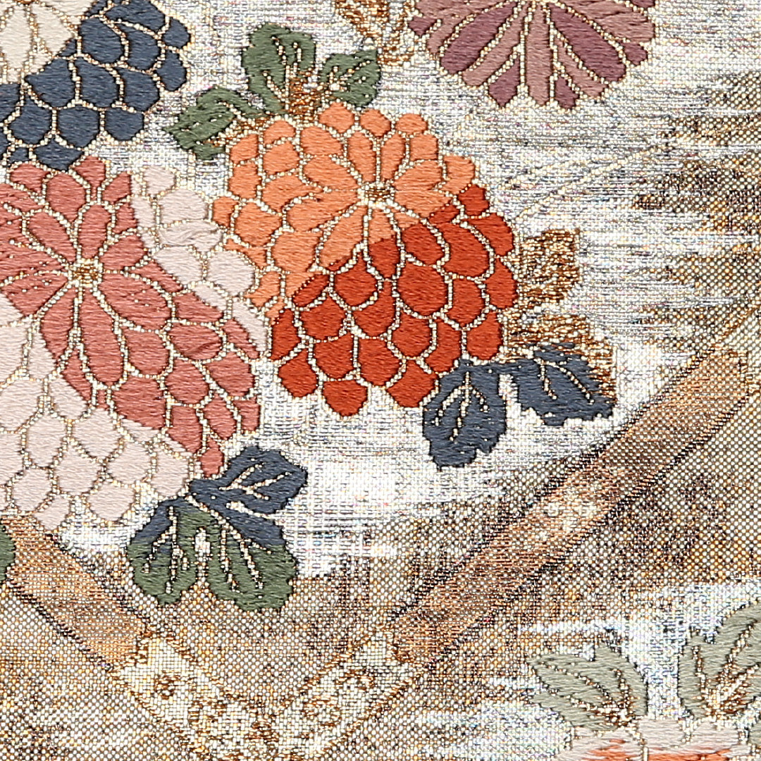 袋帯 帯丈444cm 六通 未仕立て 菊 牡丹 帯芯なし フォーマル 金系 正絹 Aランク 1223-01005