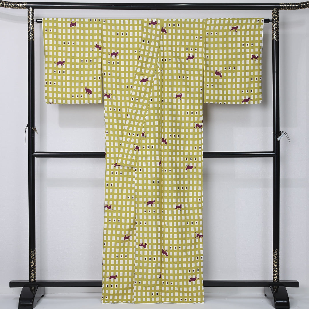 洗える着物 小紋 袷 身丈165cm 裄丈67cm ポリエステル Sランク インフォーマル 広衿 XLサイズ 格子 猫 緑系 RP 1221-12361
