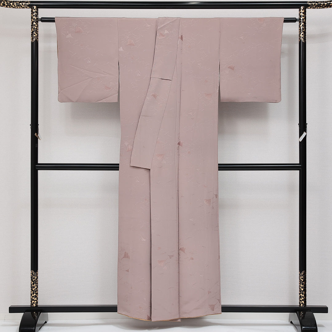 色無地 袷 身丈155cm 裄丈60cm 正絹 Aランク 一つ紋(木瓜) セミフォーマル 広衿 Mサイズ 紋意匠 銀杏 上品 しとやか グレー系 HP 1219-14382