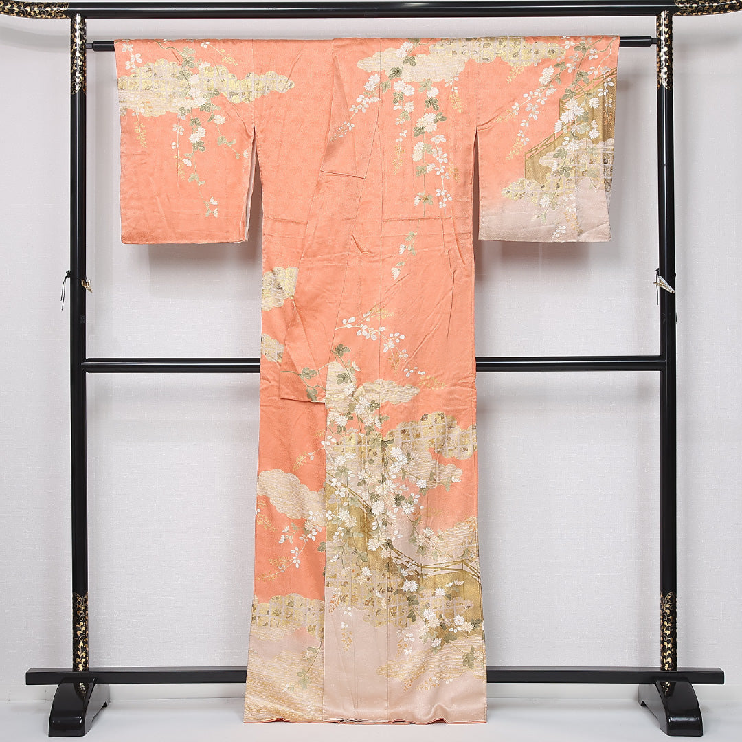 訪問着 袷 身丈163cm 裄丈64cm 正絹 Aランク セミフォーマル 広衿 Lサイズ 雲取り 菊 箔 朱系 M4 1217-12163