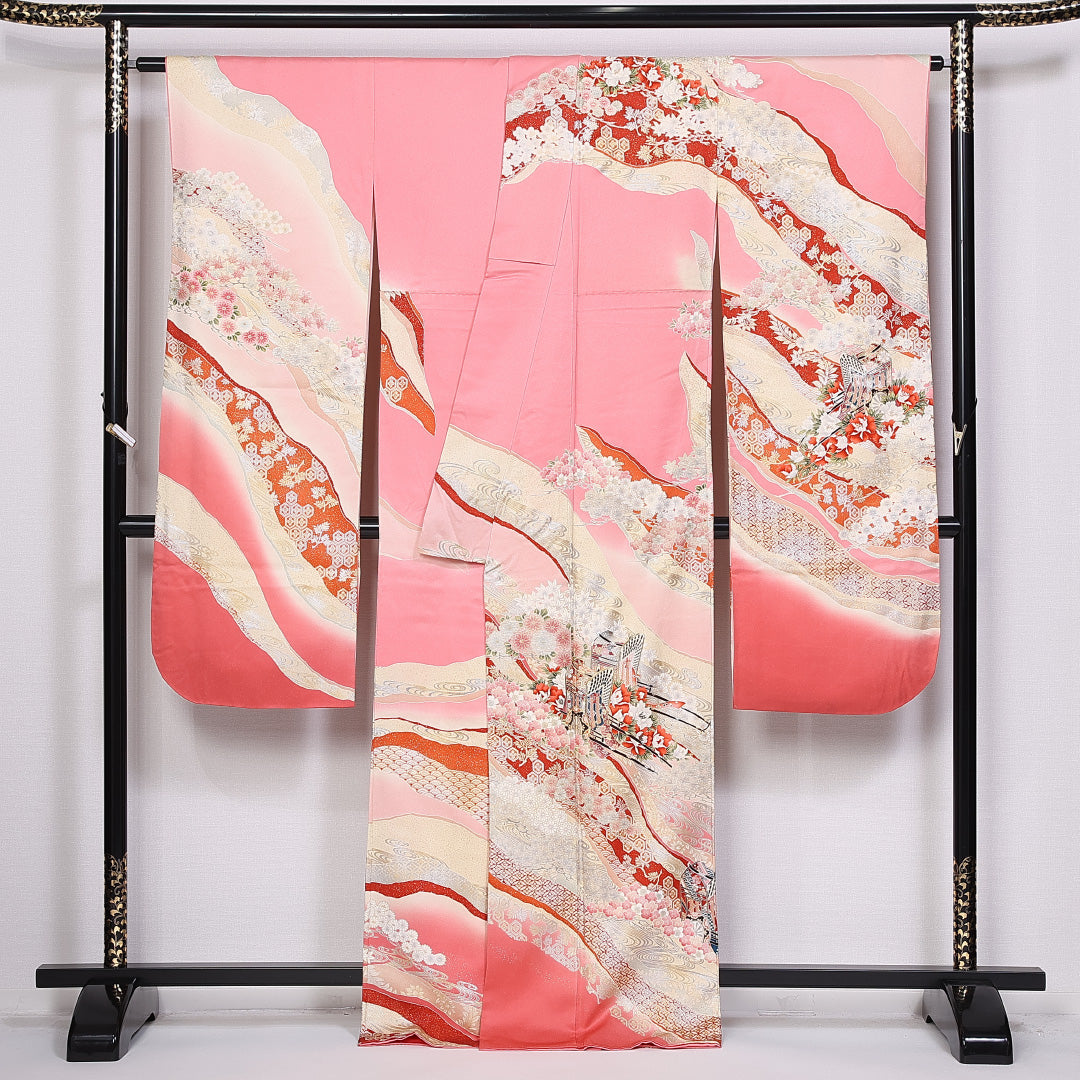 振袖 身丈161cm 裄丈66.5cm 袷 正絹 Aランク 広衿 御所車 吉祥文様 1213-F0296