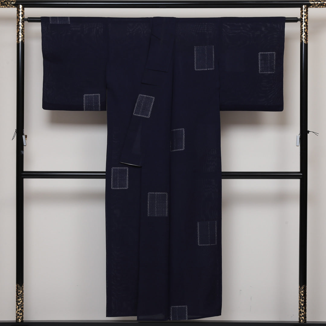 小紋 紗 身丈149cm 裄63cm 紺系 正絹 Aランク 夏着物 1215013793118