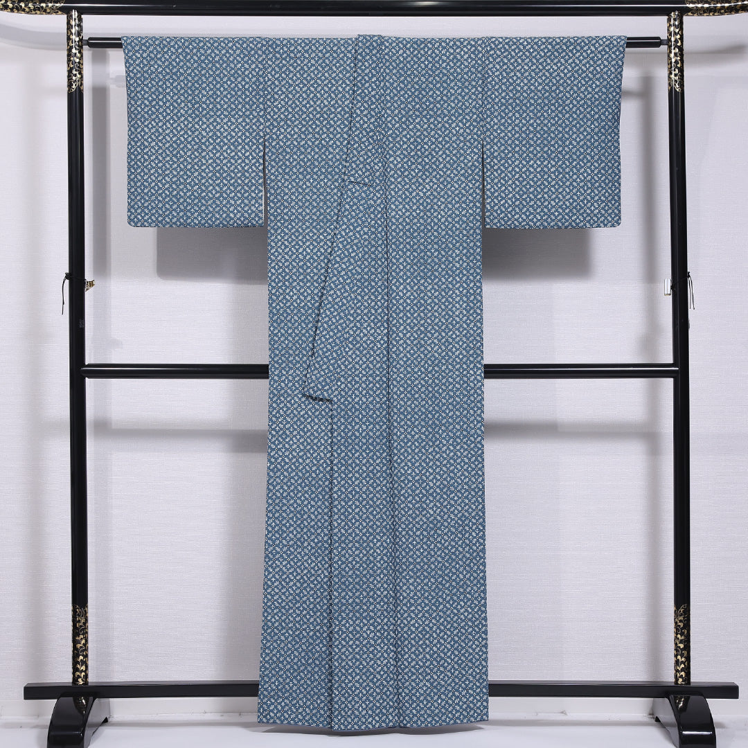 小紋 袷 身丈159cm 裄丈64cm 正絹 Bランク インフォーマル バチ衿 Mサイズ 創作柄 青系 RP 1221-11779