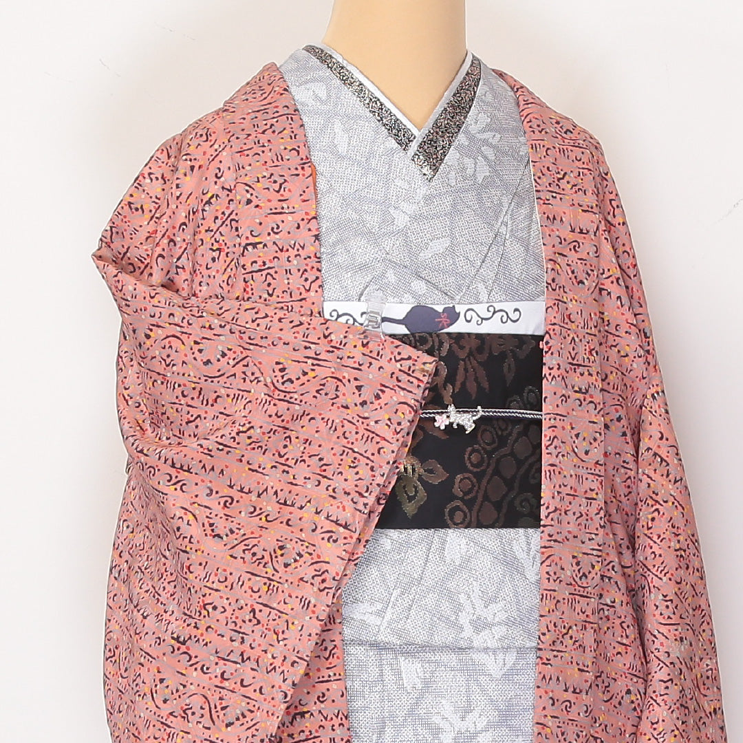 アンティーク 羽織 袷 身丈85cm 裄丈62cm 正絹 Bランク Sサイズ アラベスク文様 ピンク系 RP 1232-06125