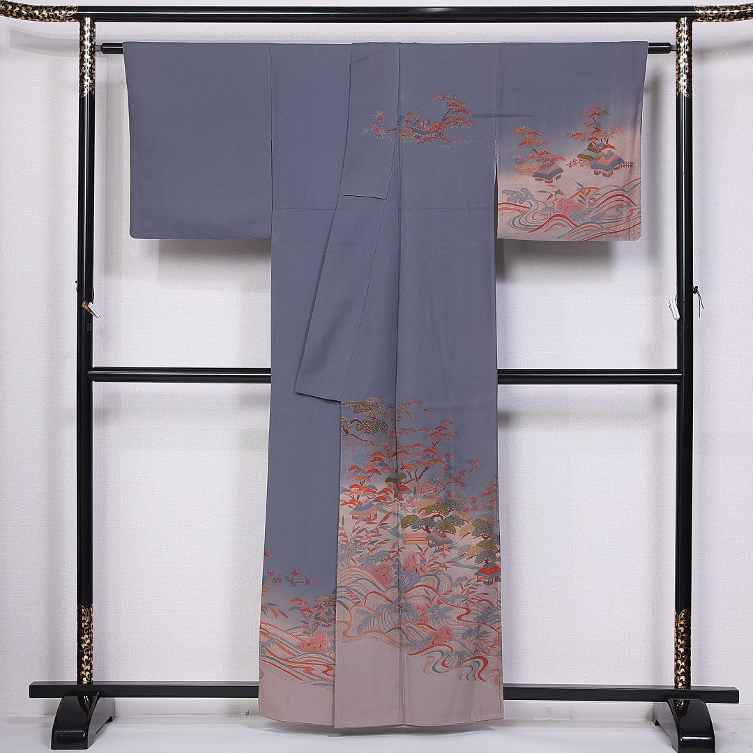 訪問着 袷 身丈157cm 裄丈65cm 正絹 Bランク セミフォーマル 広衿 Mサイズ 茶屋辻 松竹梅 グレー系 HP 1217-10862
