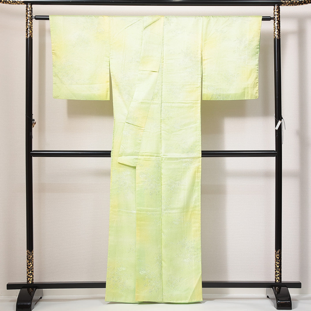 洗える着物 小紋 袷 身丈161cm 裄丈63cm ポリエステル Sランク インフォーマル 広衿 Lサイズ 花柄 緑系 RP 1221-14924