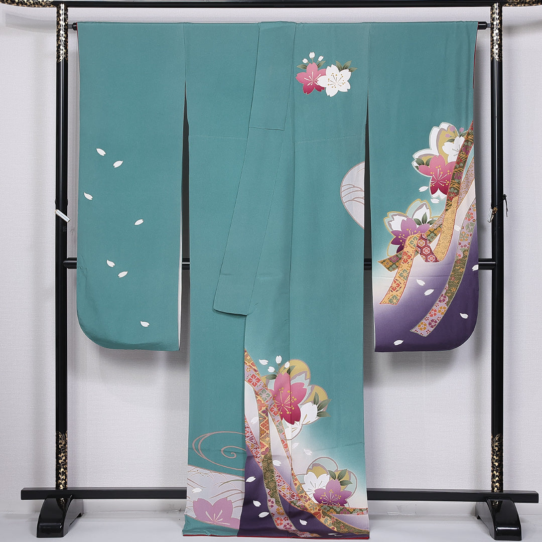 はれやかサンライト加工 振袖 身丈171cm 裄丈67.5cm 袷 正絹 Aランク 広衿 桜 流水 熨斗 1213-F0385