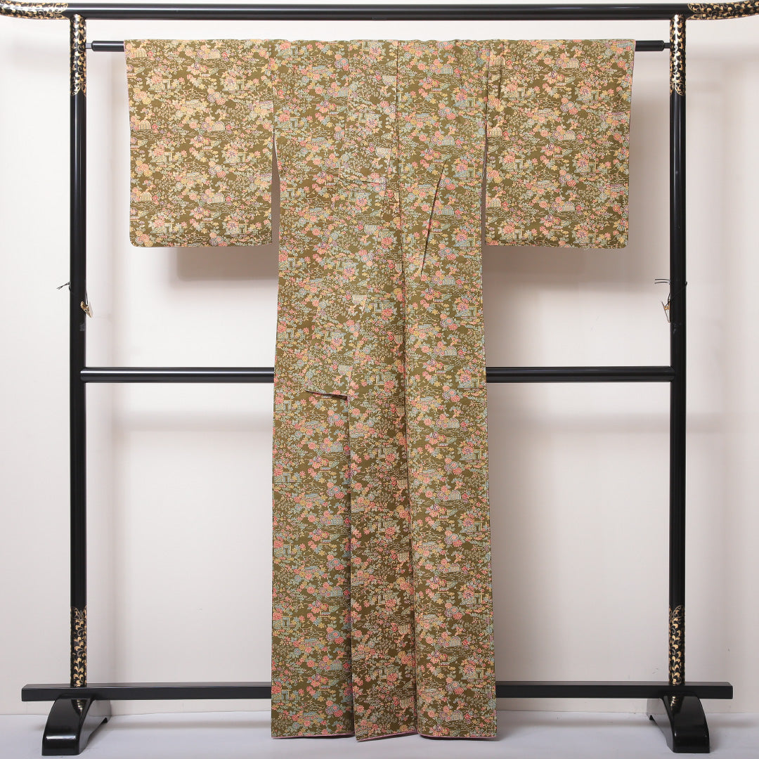 小紋(紬) 袷 身丈159cm 裄丈66cm 正絹 Sランク Mサイズ 広衿 インフォーマル 茶屋辻 緑系 1215-02226