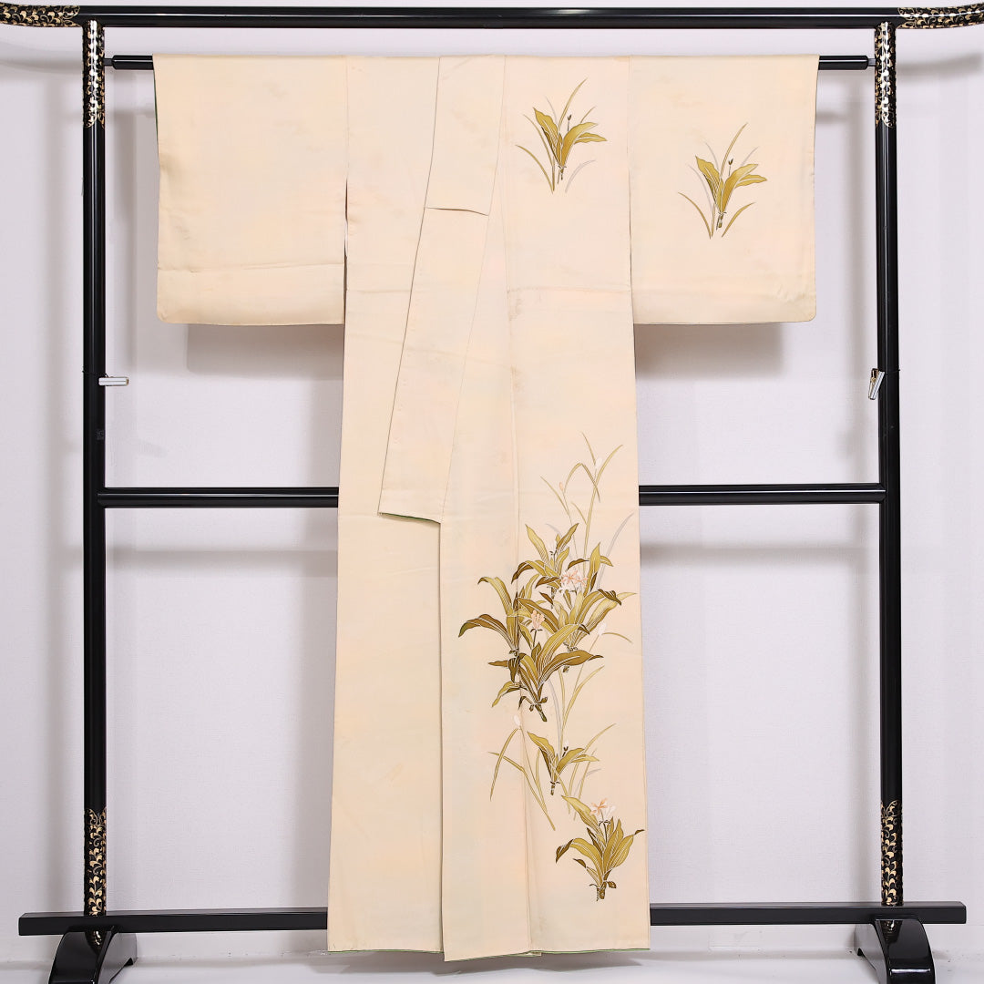 付下げ 袷 身丈156cm 裄丈63cm 正絹 Cランク インフォーマル 広衿 Mサイズ ぼかし染 花柄 クリーム系 HP 1218-04819