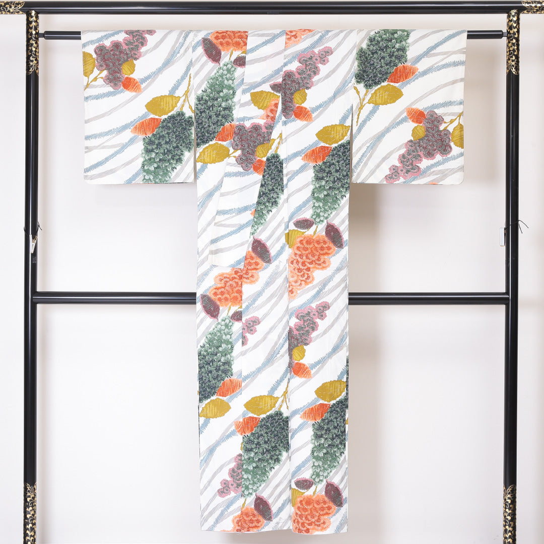 小紋 袷 身丈145cm 裄62.5cm 白系 植物柄 洗える着物 Cランク 1215-02018-5111