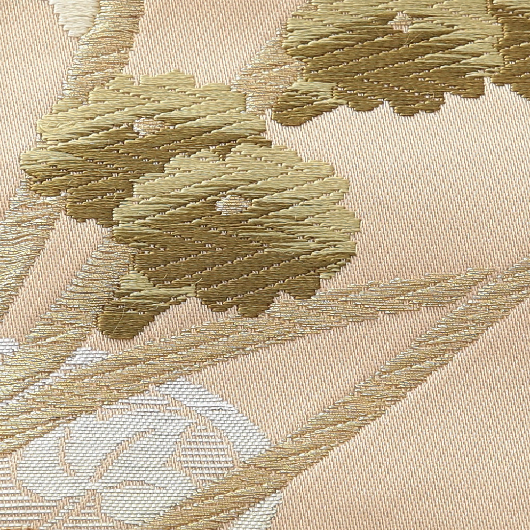 九寸名古屋帯 帯丈341cm セミフォーマル 名古屋仕立て ポイント柄 Aランク 正絹 花柄 ベージュ系 1224-03933