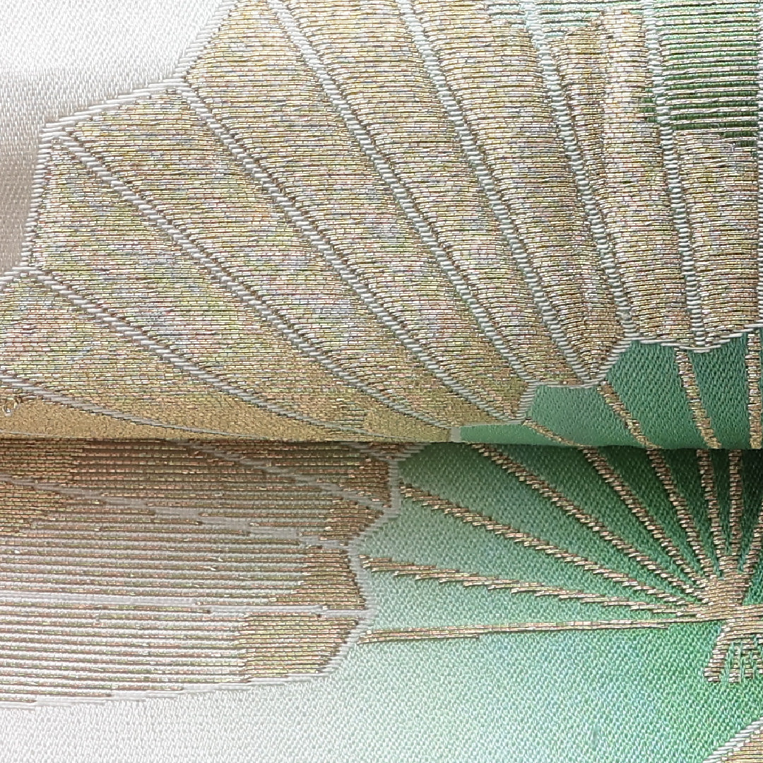 半幅帯 帯丈336cm 全通 小袋帯 舞踊 ぼかし 扇子 リバーシブル 正絹 緑系 Aランク 1225-000250