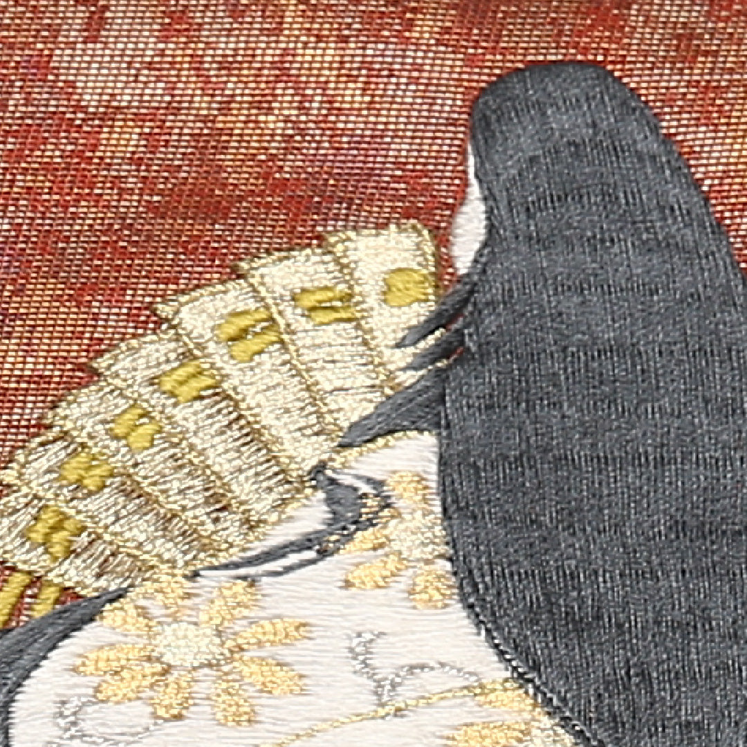 九寸名古屋帯 帯丈393cm 正絹 ポイント柄 名古屋仕立て 織り セミフォーマル 螺鈿 刺繍 大和美人文 扇 朱系 M4 1245-01445