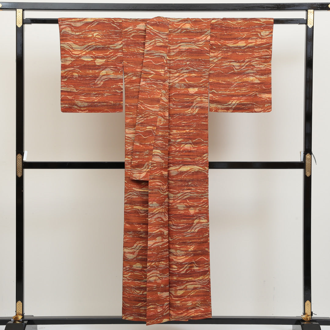 紬 袷 身丈152cm 裄63cm 正絹 朱系 Aランク 真綿紬 創作 1216003443216