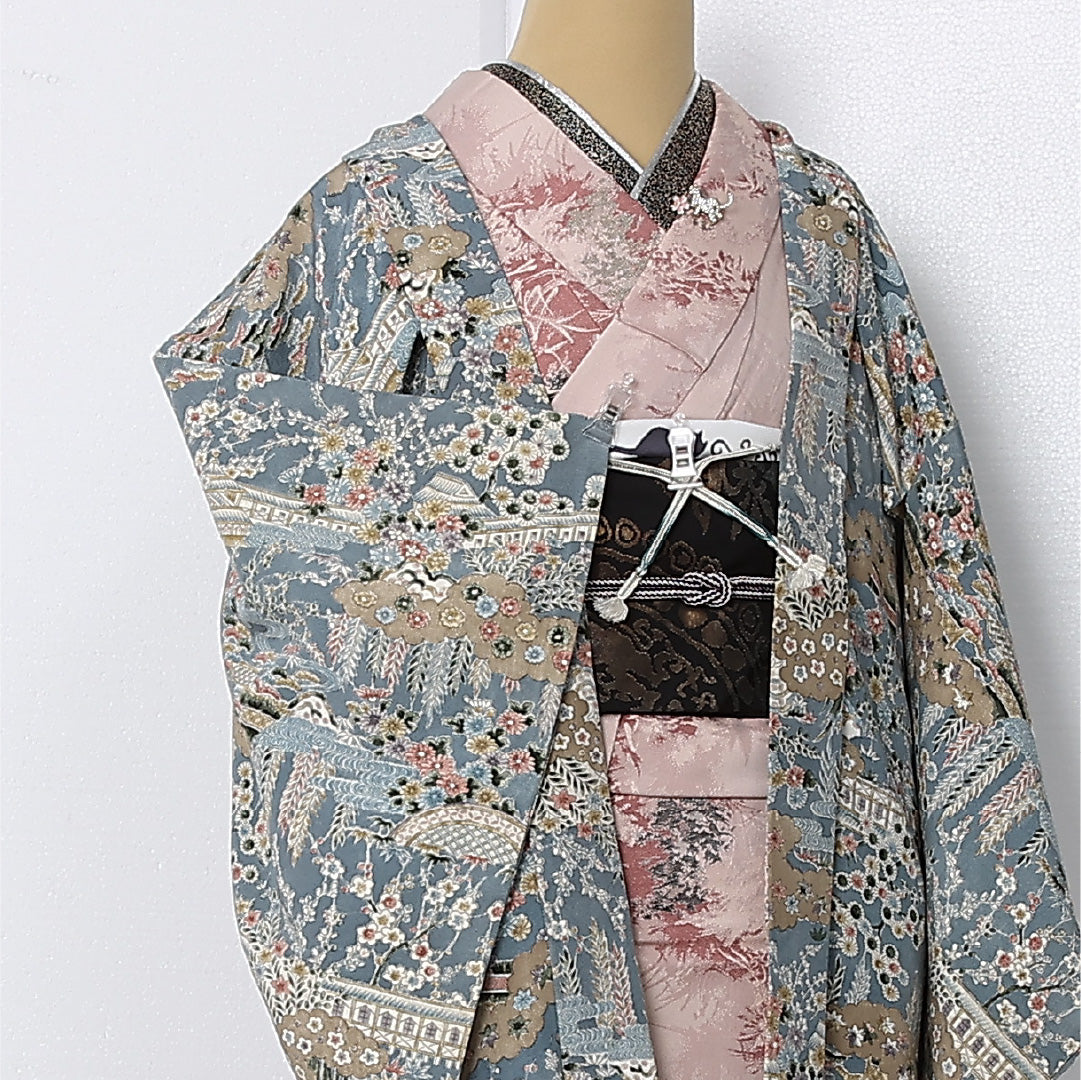 羽織 袷 身丈82cm 裄丈63cm 正絹 Sランク カジュアル Sサイズ 紐あり 御所解 水色系 RP 1232-12893