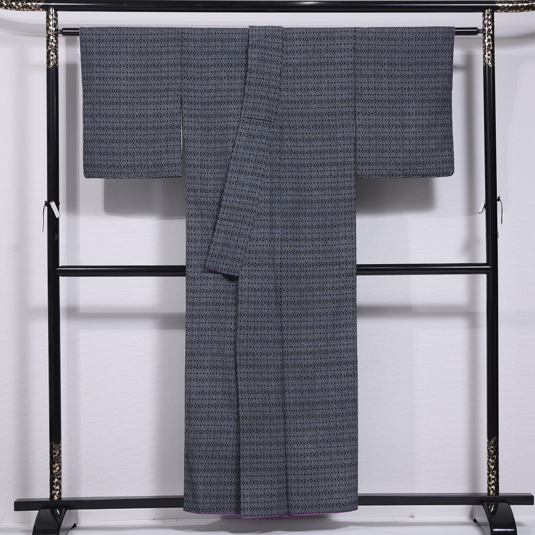 小紋 袷 身丈155cm 裄丈63cm 正絹 Aランク インフォーマル 広衿 Mサイズ 創作柄 黒系 RP 1221-11864