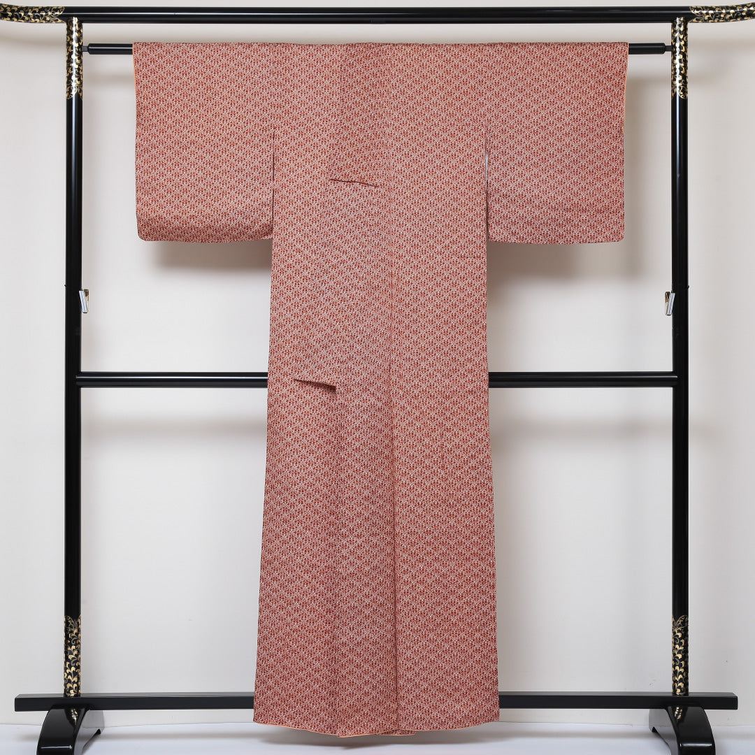 小紋 袷 身丈158cm 裄丈63cm 正絹 Sランク インフォーマル 広衿 Mサイズ 青海波 朱系 RP 1221-01584
