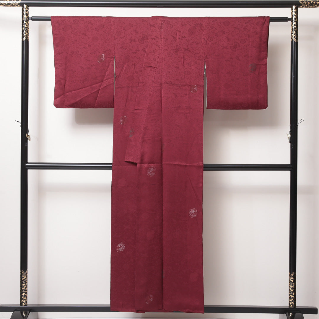 アンティーク 小紋 袷 身丈153cm 裄64cm 正絹 小槌や唐草 銀糸 紫系 Sランク 1215-02240