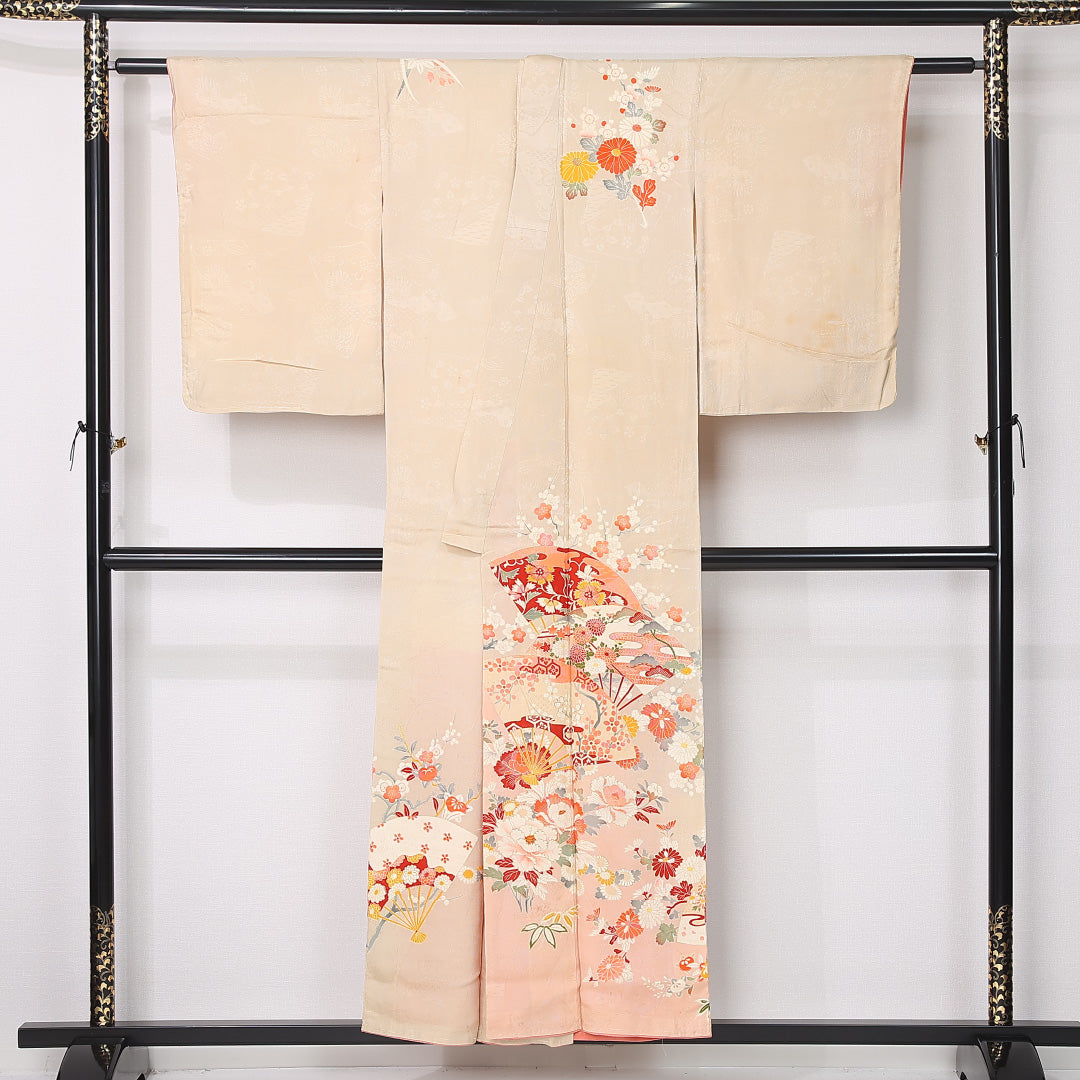 アンティーク 訪問着 (錦紗) 袷 身丈150cm 裄丈62cm 正絹 Dランク バチ衿 Sサイズ 吉祥文様 クリーム系 RP 1217-12446
