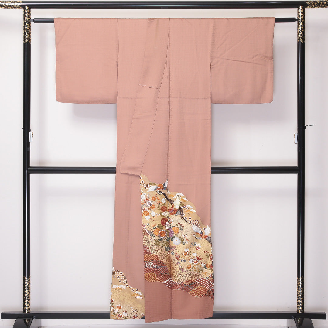 色留袖 一つ紋 身丈155cm 裄丈62.5cm Sランク 正絹 袷 広衿 M 金駒刺繍 鶴 道長取り 道長取り 鶴 笠松 吉祥文様 セミフォーマル 赤系 1211-F0223