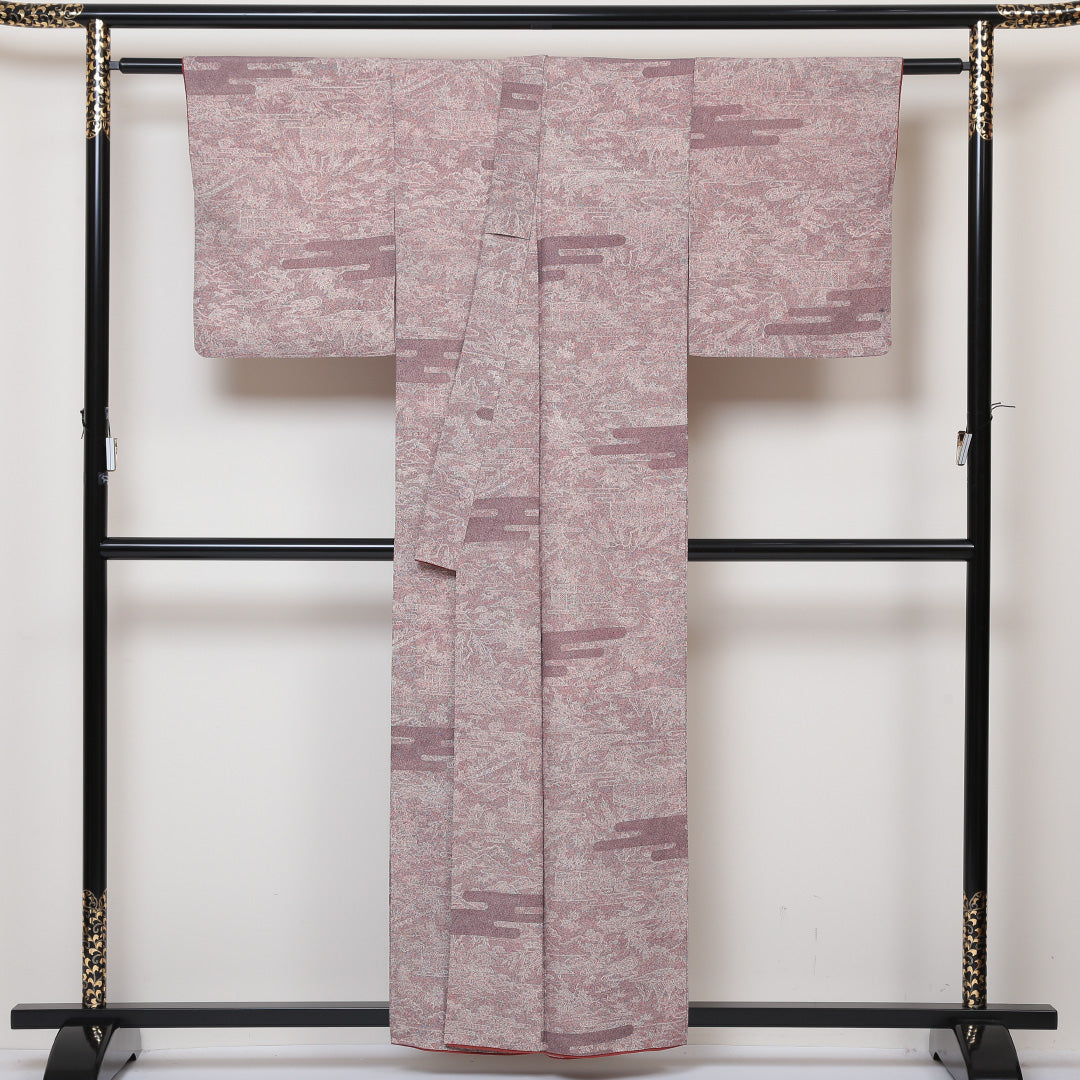 小紋 袷 身丈157cm 裄丈64cm 正絹 Aランク インフォーマル バチ衿 Mサイズ 御所解 ピンク系 HP 1221-01388