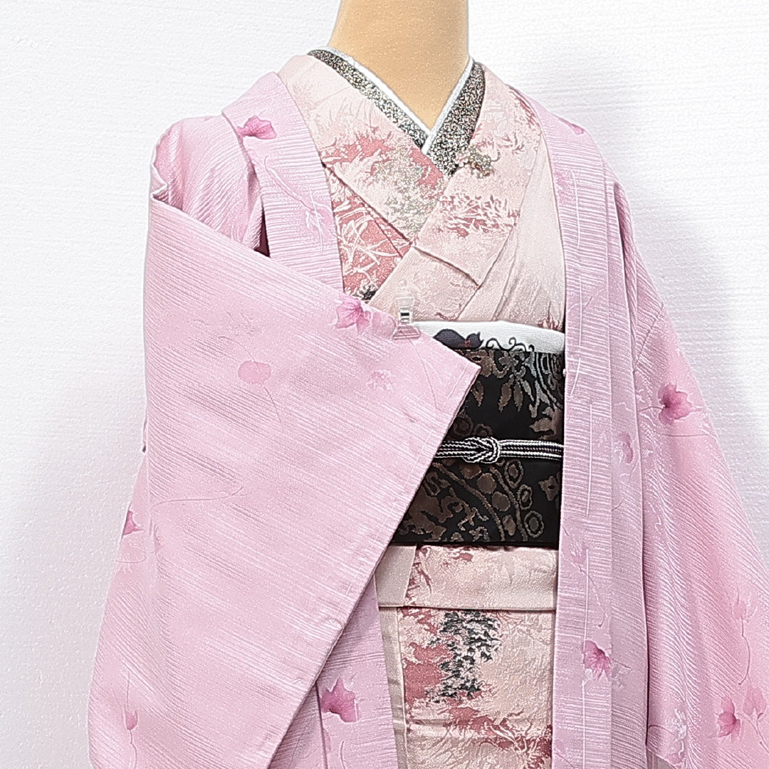 未使用品 洗える着物 羽織 袷 身丈79cm 裄丈63cm ポリエステル Nランク カジュアル Sサイズ 植物柄 ピンク系 RP 1232-14712