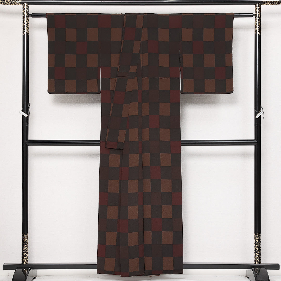 小紋 袷 身丈148cm 裄丈61cm 正絹 Sランク インフォーマル 広衿 XSサイズ 市松 黒系 RP 1221-13654