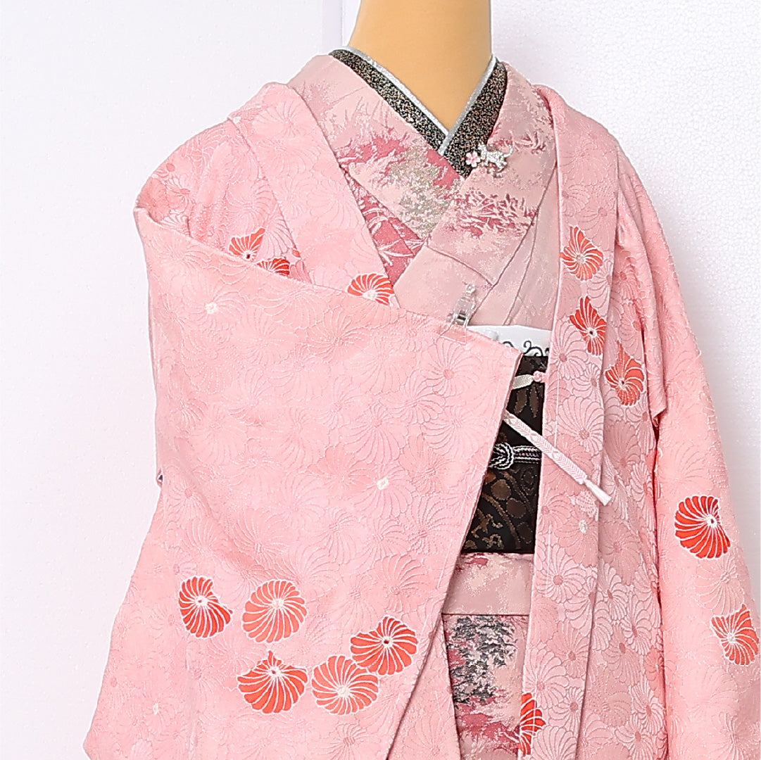 羽織 袷 身丈80cm 裄丈64cm 正絹 Sランク カジュアル Mサイズ 紐あり 菊 ピンク系 RP 1232-12944