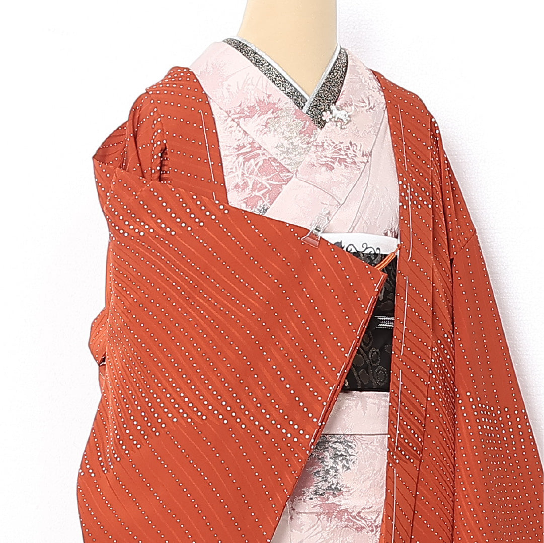 羽織 袷 身丈80cm 裄丈65cm 正絹 Sランク カジュアル Mサイズ 紐あり 流水 ドット 朱系 RP 1232-12781