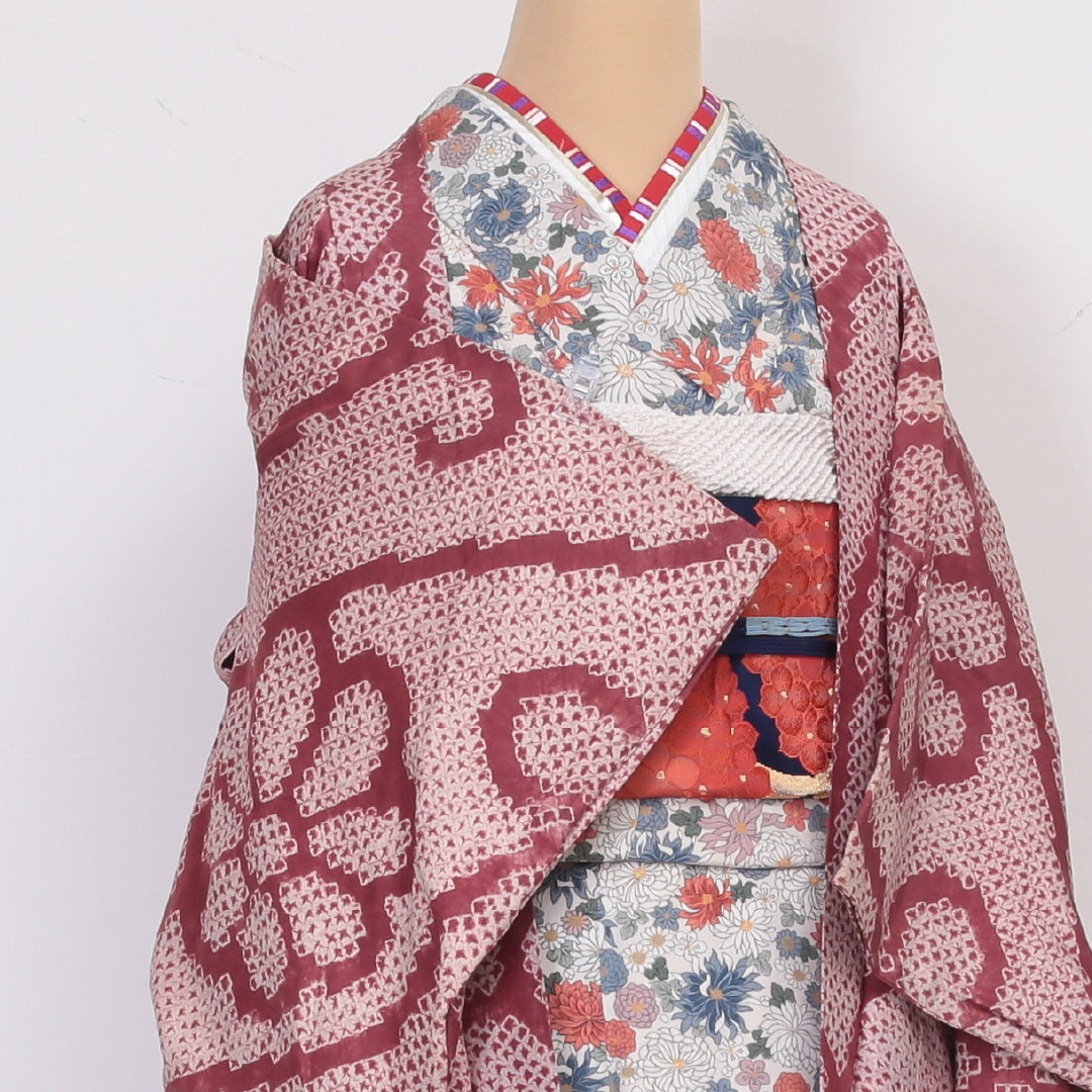 羽織 袷 身丈83cm 裄丈62cm 正絹 Aランク カジュアル Sサイズ 唐草 鹿の子柄 クリーム系 HP 1232-05810