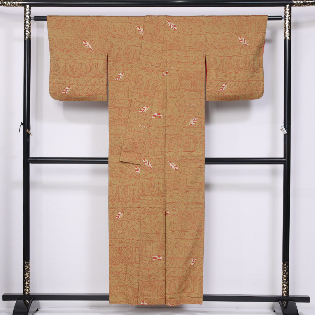 アンティーク お召 袷 身丈154cm 裄丈63cm 正絹 Aランク 広衿 Sサイズ 創作柄 茶系 M4 1222-11451