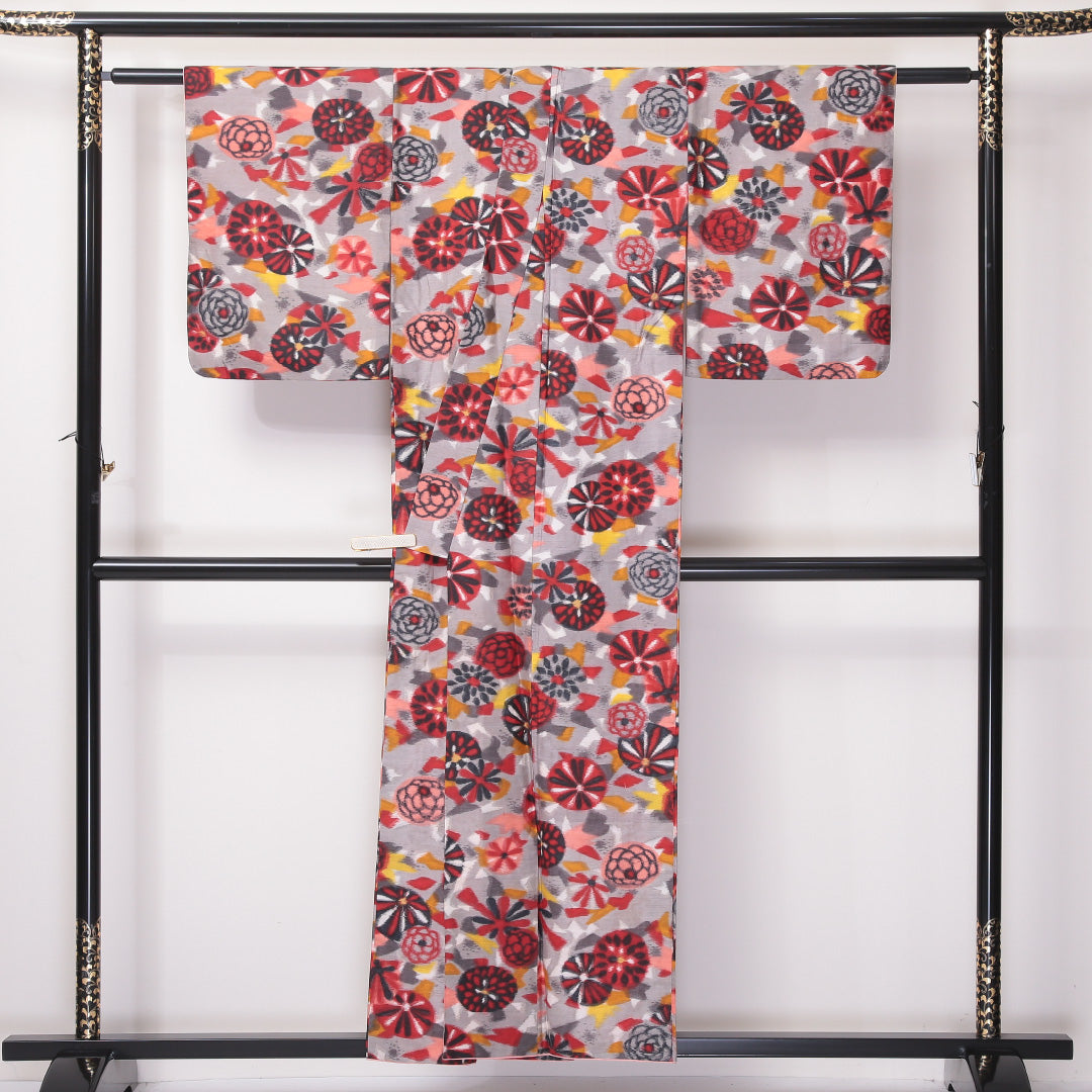 アンティーク 紬 袷 身丈153cm 裄62cm 正絹 銘仙 グレー系 Cランク 1216-01111