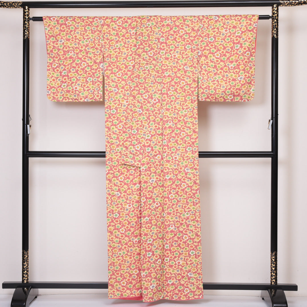 小紋 袷 身丈159cm 裄丈64cm 正絹 Sランク インフォーマル 広衿 Mサイズ しつけ糸 梅 黄系 RP 1221-01871