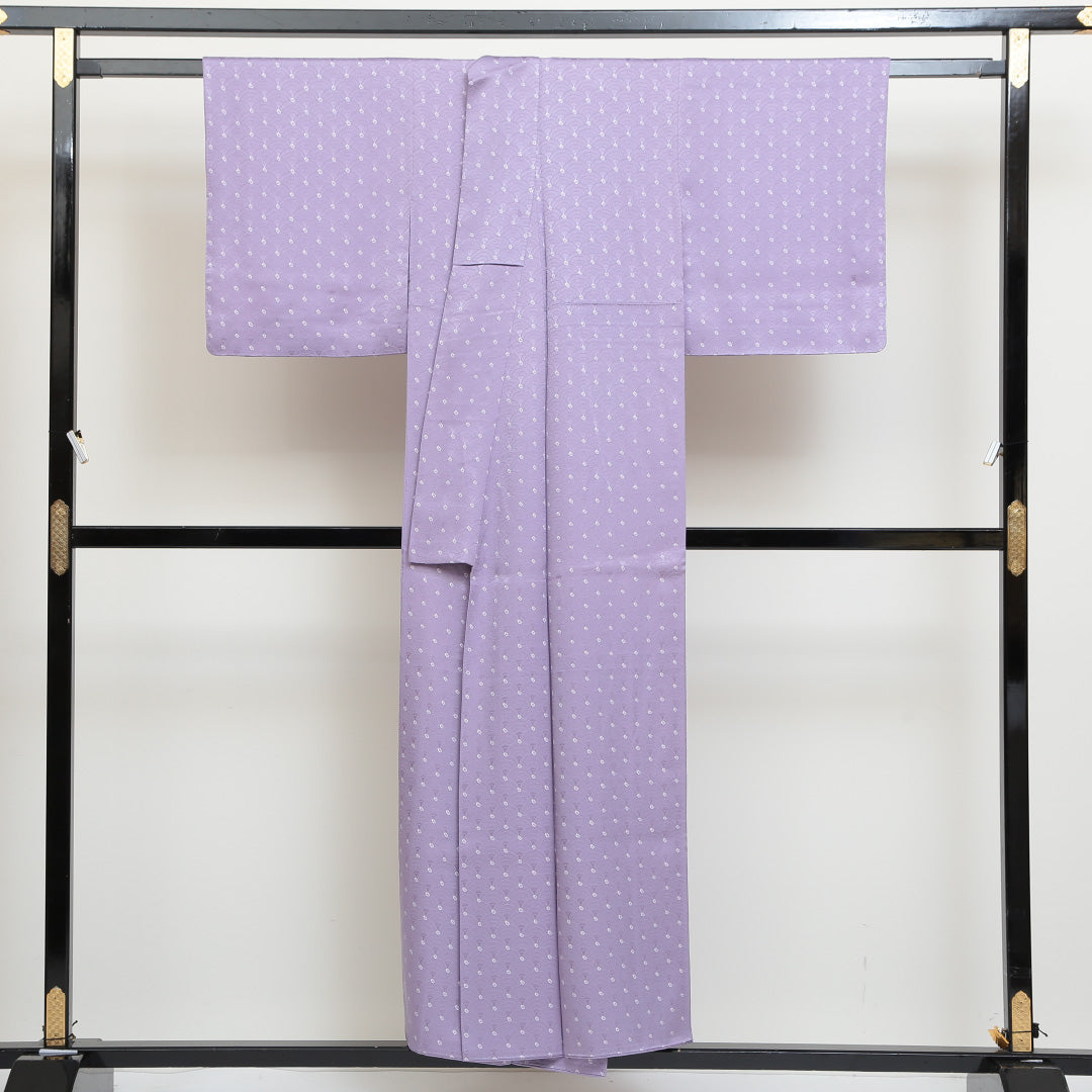 小紋 袷 身丈148cm 裄丈64cm 正絹 Sランク XSサイズ 広衿 インフォーマル 絞り 青海波 紫系 1215-00695