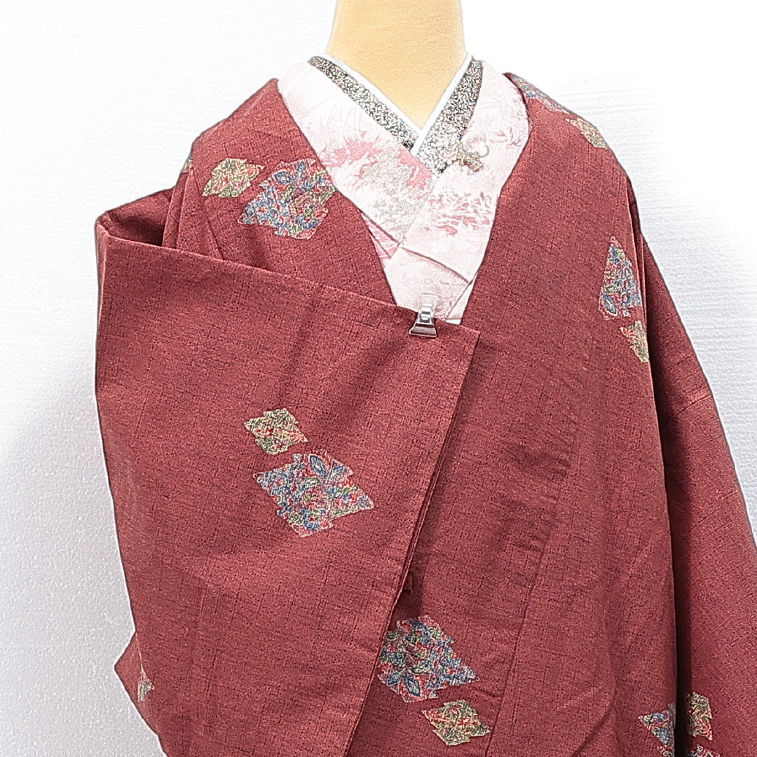 道中着 袷 身丈84cm 裄丈67cm 正絹 Sランク セミフォーマル Mサイズ 松皮菱 花柄 赤系 RP 1236-14746