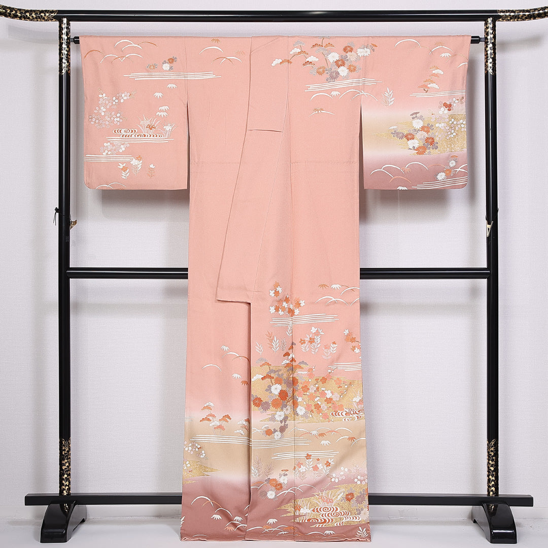 訪問着 身丈170cm 裄丈67.5cm 正絹 Aランク 袷 広衿 菊 観世水 菖蒲 萩 笹 芝草 1212-10426