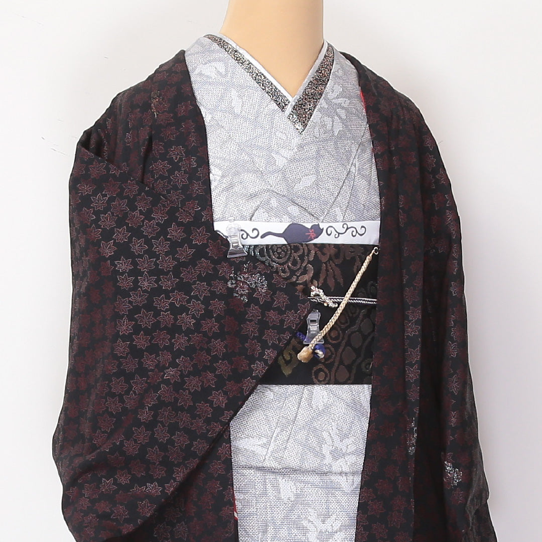 アンティーク 黒羽織 身丈92cm 裄丈62cm S 正絹 紅葉 金彩 紐あり 黒系 Aランク 1217-00758