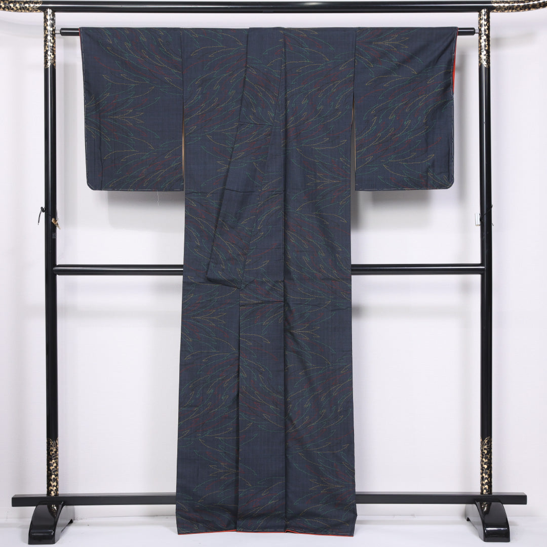 大島紬 袷 身丈163cm 裄丈64cm 正絹 Cランク インフォーマル 広衿 Lサイズ 創作柄 紺系 M4 1223-11522