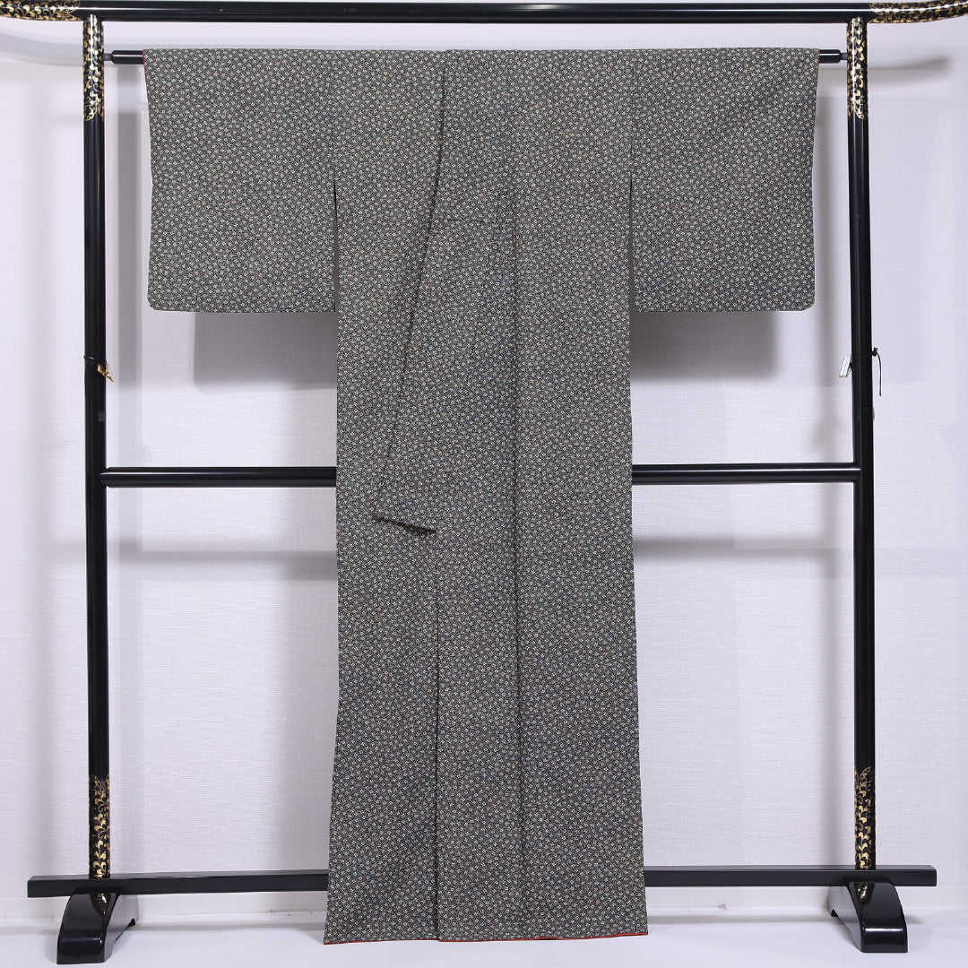 洗える着物 小紋 袷 身丈163cm 裄丈65cm ポリエステル Sランク インフォーマル 広衿 Lサイズ 唐草 梅 黒系 RP 1221-11866