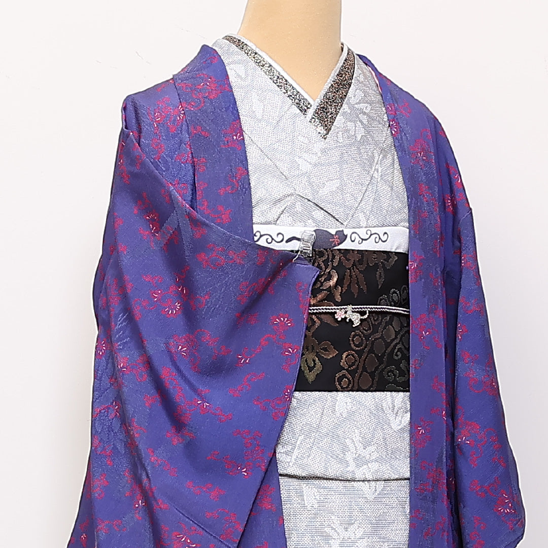 アンティーク 羽織 袷 身丈94cm 裄丈63cm 正絹 Cランク 紋意匠 (菊) Sサイズ 唐華 青系 M4 1232-06167