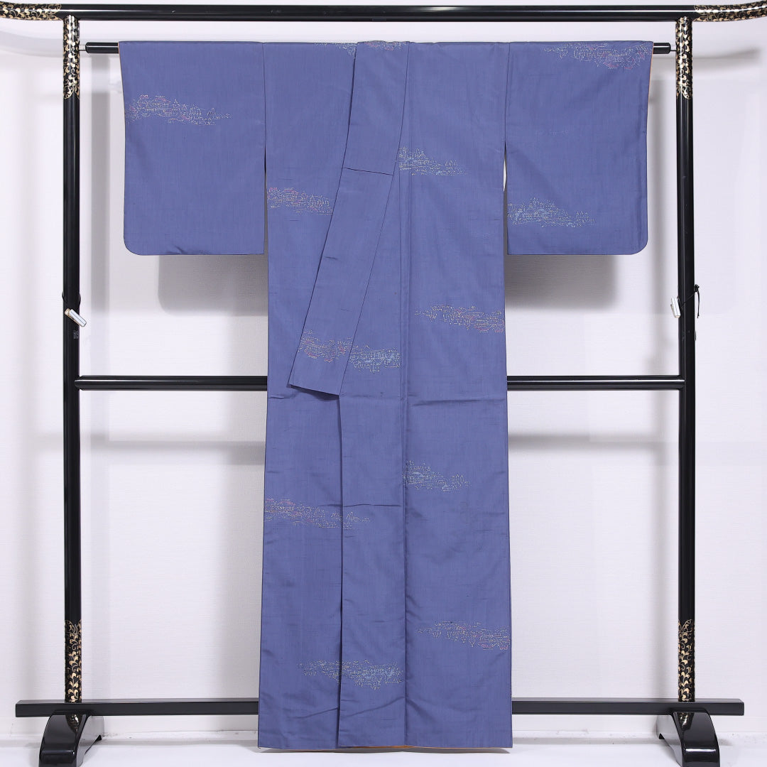 紬 袷 身丈160cm 裄丈63cm 正絹 Cランク カジュアル 広衿 Lサイズ 経総絣 風景柄 建物 紫系 LP 1223-11565