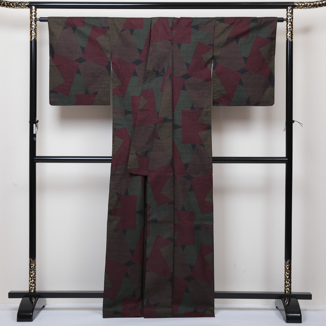 紬 袷 身丈166cm 裄丈66cm 正絹 Aランク カジュアル 広衿 XLサイズ 幾何学柄 多色系 RP 1223-02945