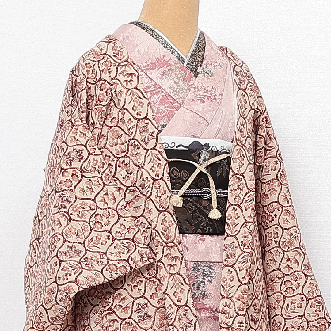 洗える着物 羽織 袷 身丈77cm 裄丈62cm ポリエステル Sランク カジュアル Sサイズ 紐あり 籠目 植物柄 クリーム系 RP 1232-13743